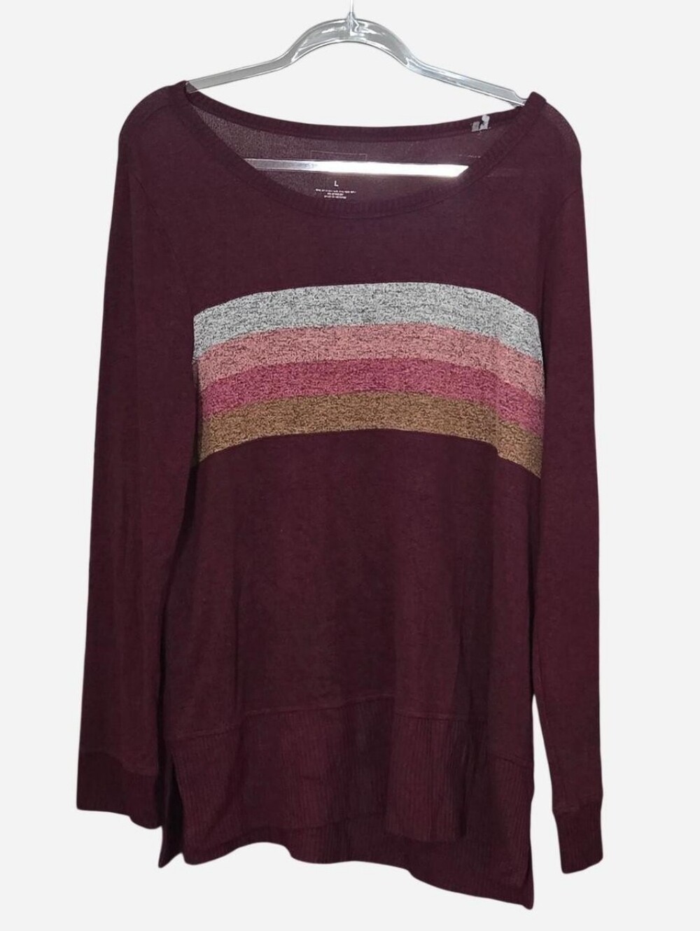 Sonoma Burgundy Scoop Neck Pullover with Multicolor Stripes